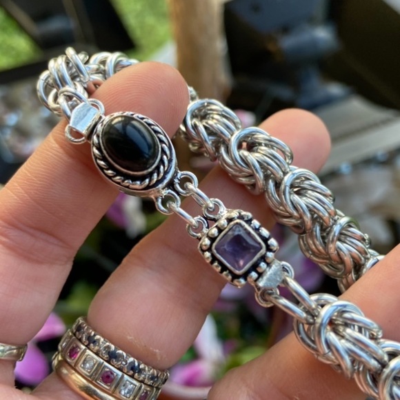 Amethyst & onyx gemstones , handmade maille links bizantine chain bracelet - Picture 9 of 15